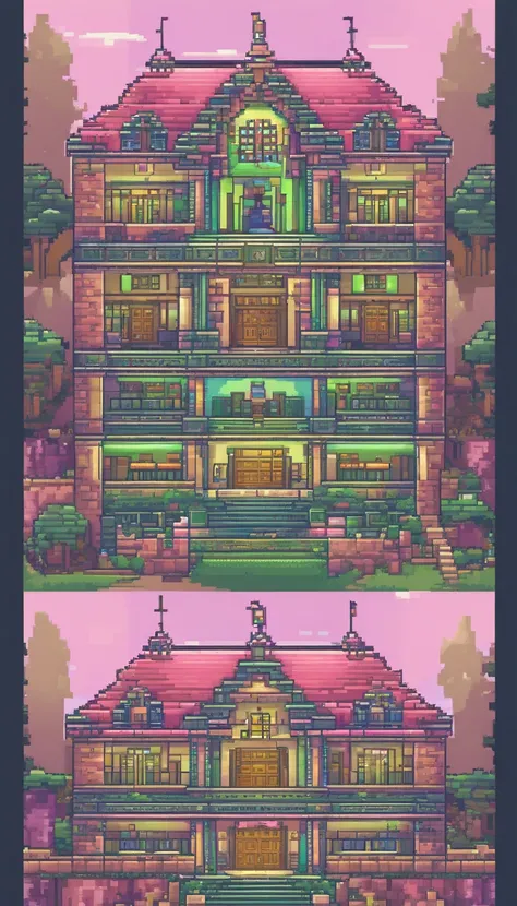 Pixel art for fantasy schools, The schools teaching building， Created using Pixlr or Aseprite software, Use light green/Pink/Blue palette - C2