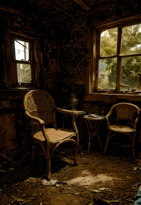 A Caucasian woman sitting on a wicker chair in an abandoned house、Full body like