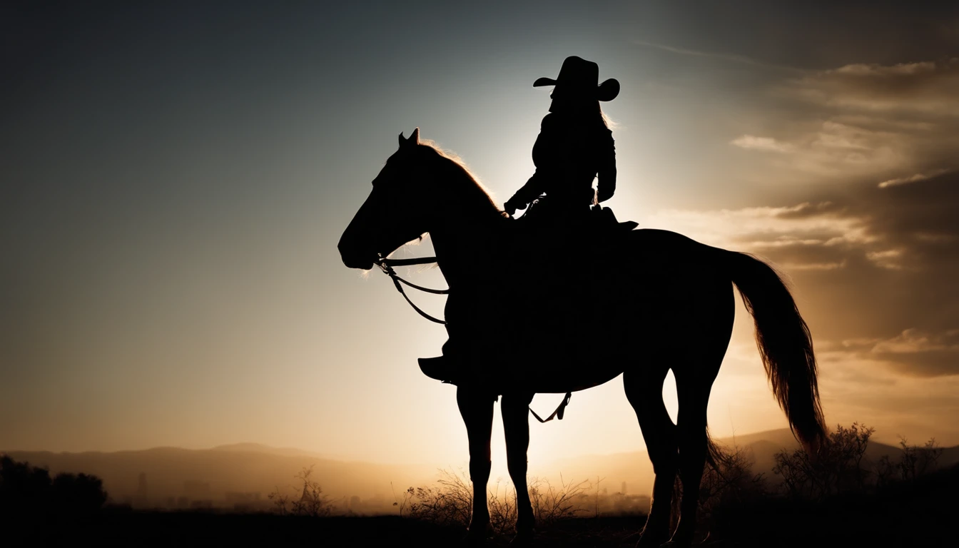 silhouette of cowgirl woman, full body, from behind, dramatic lights, black and white, realistic photography, cowgirl outfit, city background