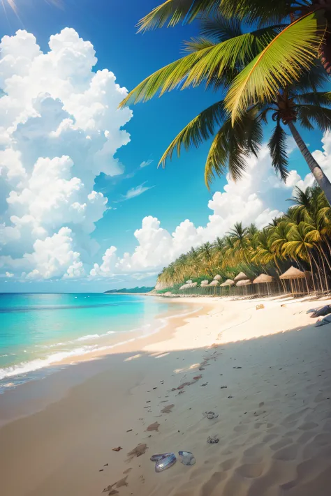 (realistic,photorealistic:1.37),calm beach,serene ocean,gentle waves,sandy shore,soft white sand,crystal-clear water,peaceful atmosphere,warm sunlight,coconut trees,tranquil horizon,relaxing breeze,tropical paradise