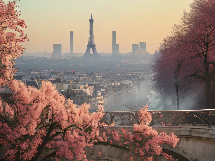 professional camera, cityscape,ultrarealism, Paris, spring time, morning, mist, shade, in the style of Grag Rutkovsky,HDR,ISO 100,135 mm lens