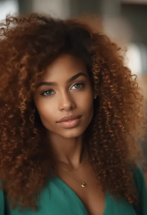 "Ultra-realistic image of a beautiful 18-year-old Afro-Latin girl,Caramel peel, corps parfait, Prendre un selfie dans la salle de bain avec son iPhone 14, maigre, taille ultra-fine, cheveux rouge, Curly curly hair karibean , piercing green eyes.hyper-reali...