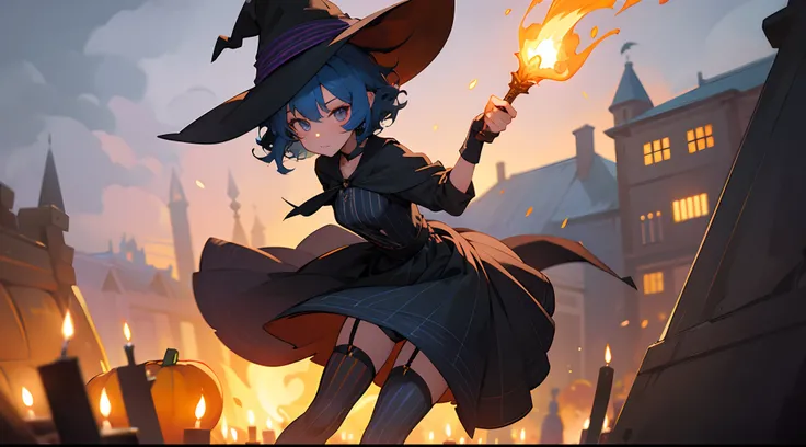 1girl, solo, blue hair, short hair, curly hair, witch, witch hat, striped stockings, black dress, pumpkins, halloween, candles, cauldron, sparks, night, eyes of different colors, old city in the background