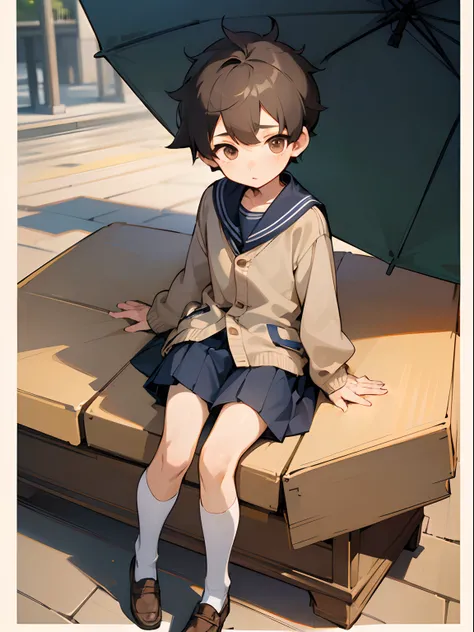 (((7-year-old boy))), ((child)), (((shota))), very short hair, pleated skirt, ((thigh focus)),  A small cute boy,  Skinny, sailor uniform, (Oversized beige cardigan),  full body,  (best Quality, Amazing Details:1.2), 8k, official art, extremely detailed CG...