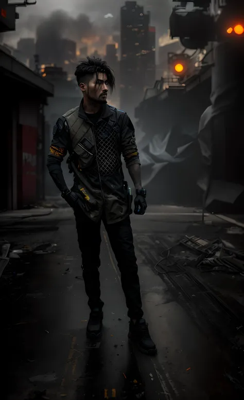 (dark shot:1.1), epic realistic, portrait of halo, arafed man standing on a street corner in a black jacket and black pants, wearing urban techwear, techwear fashion, wearing japanese techwear, techwear, techwear look and clothes, techwear clothes, cyberpu...