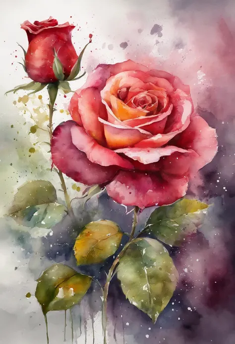 a rose painting with a splatter background and spray paint effect, by Eugeniusz Zak, watercolor art, by Károly Lotz, watercolor painting, watercolor painting style, watercolor detailed art, by Reuben Tam, watercolor digital painting, watercolor , masterful...