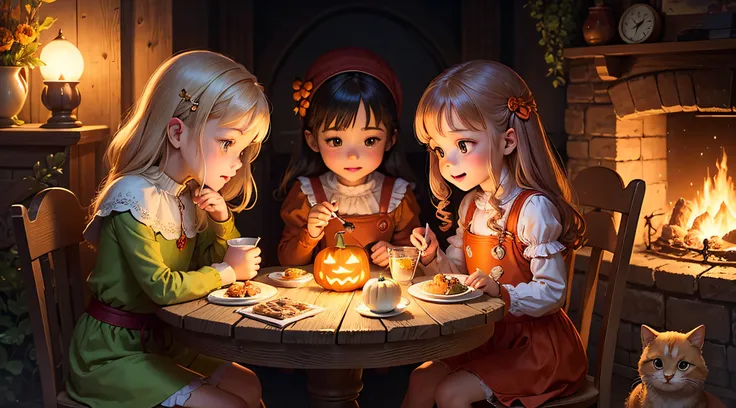 Fairy tale picture book，Children，looking at book，Attentively，Sat down，Cute little animals around，Convivial atmosphere, As they sat down to eat, their faces aglow with the warmth of the pumpkins light, they shared stories and laughter. It was a meal filled ...