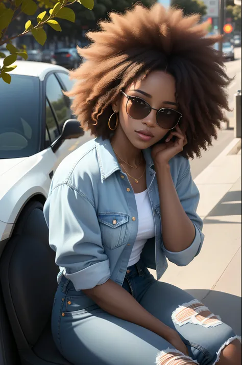 Arafed woman in denim shirt and sunglasses standing in front of a bush, black woman with afro hair, sexy, taken in the early 2020s, Full Leight, Freeway, Sitting Down, Westside, album cover