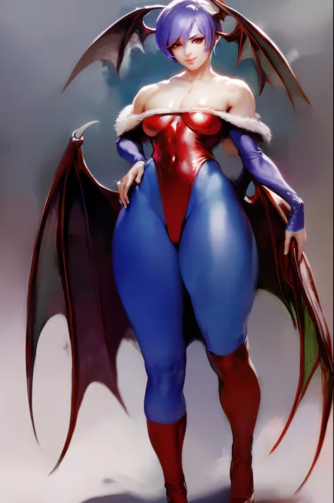 best quality,masterpiece:1.2),intricate details,beautiful detailed eyes,beautiful detailed lips,extremely detailed eyes and face,longeyelashes,darkstalkers_lilith modeseven,comic style,vibrant colors,standing,innocent, full body, standing, smile,Modeseven ...