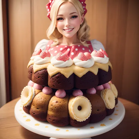 Bundtcake bakery Bundt-cake smiling fat 35 year old blonde woman holding a Bundt-cake polkadot dress Bundt