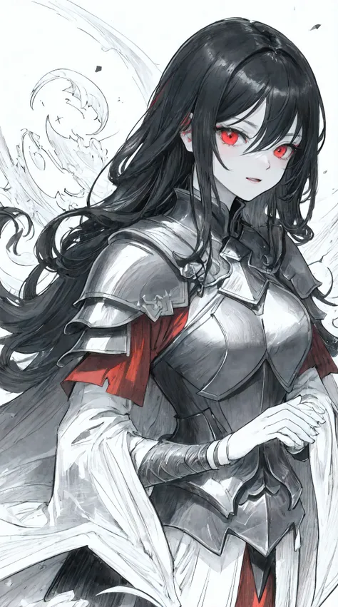 (Line Art,monochromesketch,Pencil drawing,traditional media:0.9), 1girl, long black straight hair, dark knight,red eyes,beautiful face, upper body,black Armor,red robe, looking at view ,Evil laugh,