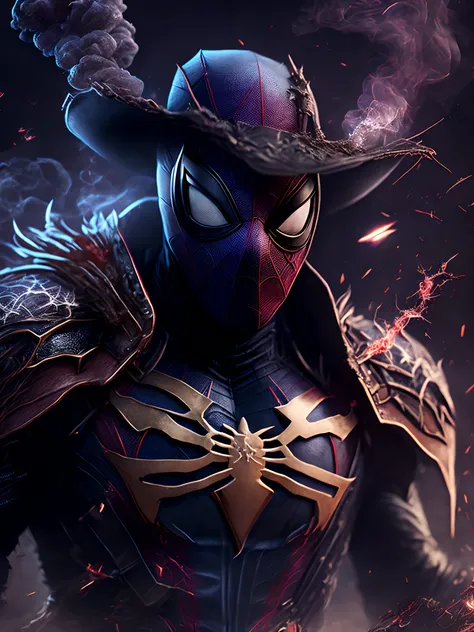 Close-up ( Spiderman from Marvel as a cowboy in Goth style: 1.3) emerging from the cowboys land, extremely detailed, smoke, sparks, metal shavings, flying debris, volumetric light