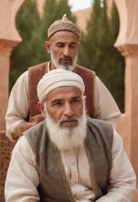 old man, Protector leader, With a long white beard and fair skin, Wearing full Moroccan uniform, strong body,Looking at the screen. highs quality, A 4K resolution, A highly detailed, and realistic pictures, Capture every intricate detail. The artwork resem...