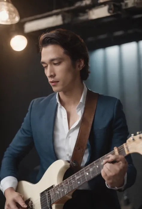 Masterpiece, Top Quality, Super Detail, 1 Man, Medium Hair, Male Focus, Playing Guitar, Handsome, Studio Music Area, Fender Guitar, Tama Drumset, Jamming music, Suit, White shirt fit in, Long Denim, Converse shoes, Right From the Side, Depth of Field, name...