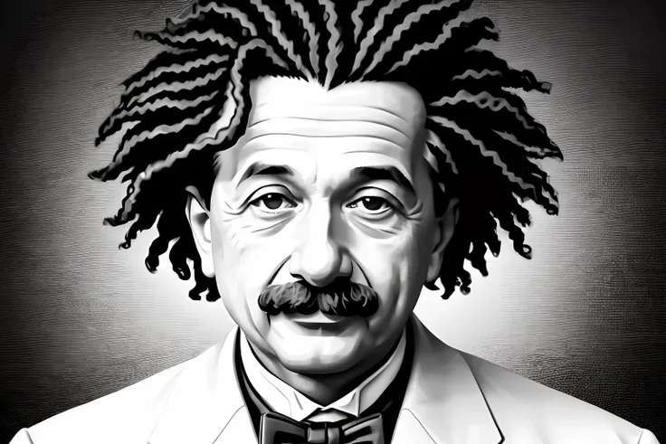 A sharp focus portrait of Albert Einstein with a black and white color scheme. The portrait should be a masterpiece with HDR and UHD quality. The composition should be complex and highly detailed. The texture should be smooth and glossy. The style should b...