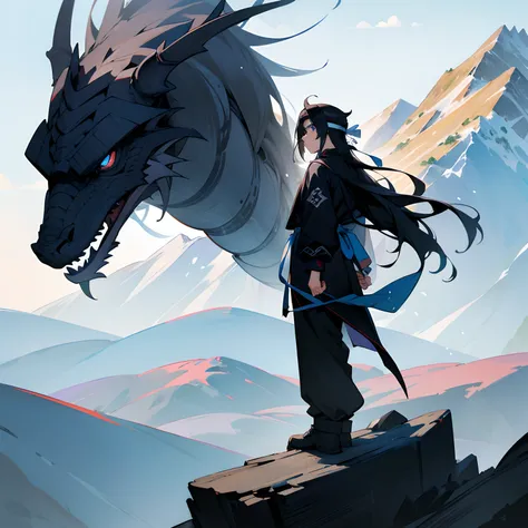 1male ,black gi , mountain background , blue  eyes , layered hair , long hair , Back Knot hair,  black hair , standing looking over mountain , lean build , dragon in the background , white headband , lean build