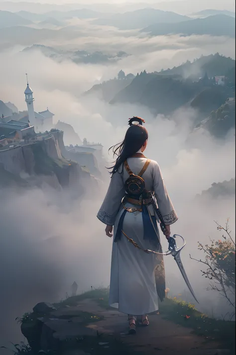 Top light, far view (shot from top down), girl, holding a weapon, outdoor, hilltop, standing, fog, sky, cloudy sky, animal, oriental dragon, fog,