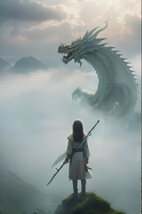 Top light, far view (shot from top down), girl, holding a weapon, outdoor, hilltop, standing, fog, sky, cloudy sky, animal, oriental dragon, fog,