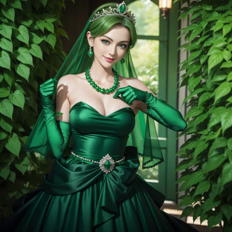 emerald tiara, Green Pearl Necklace, Boyish very short green hair, lipsticks, Japan woman smiling, very short short hair, fist, big breasts beautiful, Green eyes, Long green gloves made of satin material, Green eyes, Emerald Earrings, Day Church