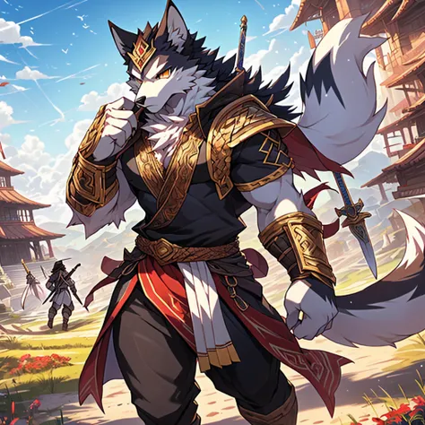 Master masterpieces，Western art，photorealestic，Furry art！！！，male people，musculature，Perfect figure，Higher height，Anthropomorphic fox，Fluffy hair，White fur，White face，Elaborate Eyes，gold eyes，white  clothes，decorated in white，long sword，depth of fields，Perf...