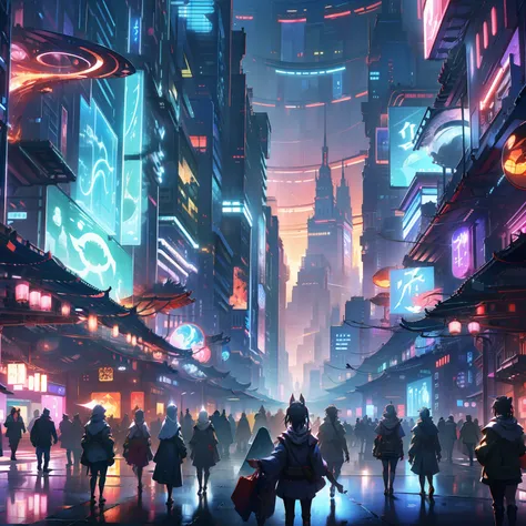 Technologically sensed city,darkly,flashing，People come and go to the city, animation, technology cultivation