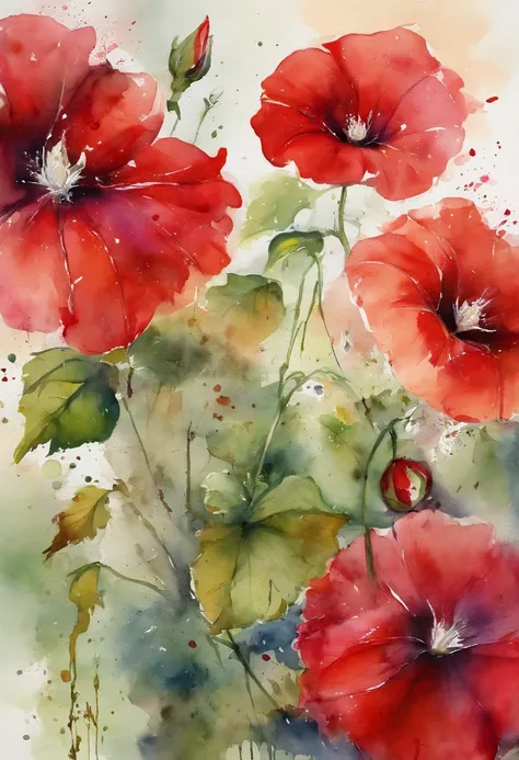 a Red morning glory painting with a splatter background and spray paint effect, by Eugeniusz Zak, watercolor art, by Károly Lotz, watercolor painting, watercolor painting style, watercolor detailed art, by Reuben Tam, watercolor digital painting, watercolo...