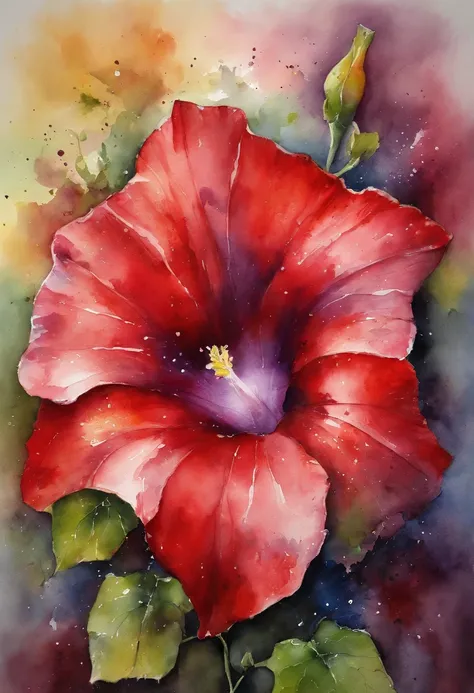 a Red morning glory painting with a splatter background and spray paint effect, by Eugeniusz Zak, watercolor art, by Károly Lotz, watercolor painting, watercolor painting style, watercolor detailed art, by Reuben Tam, watercolor digital painting, watercolo...