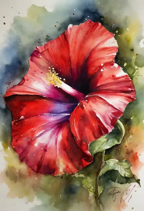 a Red morning glory painting with a splatter background and spray paint effect, by Eugeniusz Zak, watercolor art, by Károly Lotz, watercolor painting, watercolor painting style, watercolor detailed art, by Reuben Tam, watercolor digital painting, watercolo...