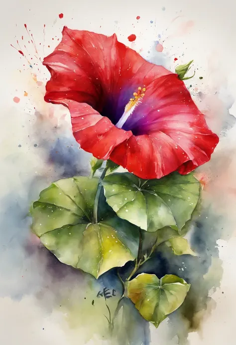 a Red morning glory painting with a splatter background and spray paint effect, by Eugeniusz Zak, watercolor art, by Károly Lotz, watercolor painting, watercolor painting style, watercolor detailed art, by Reuben Tam, watercolor digital painting, watercolo...