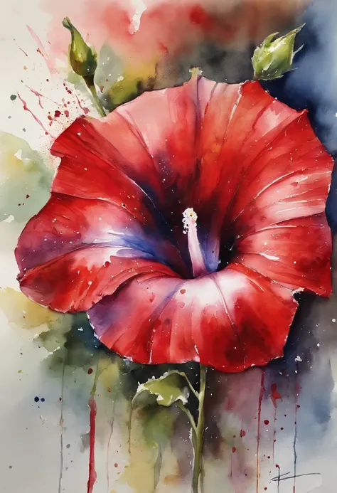 a Red morning glory painting with a splatter background and spray paint effect, by Eugeniusz Zak, watercolor art, by Károly Lotz, watercolor painting, watercolor painting style, watercolor detailed art, by Reuben Tam, watercolor digital painting, watercolo...