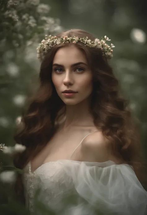 Arafed Mujer con cabello largo con una corona de flores, arte digital inspirado en Elsa Bleda, tumblr, fantasy art, Ethereal Beauty, ethereal fairy tale, Ethereal hair, a stunning young ethereal figure, monia merlo, con flores congeladas a su alrededor, In...