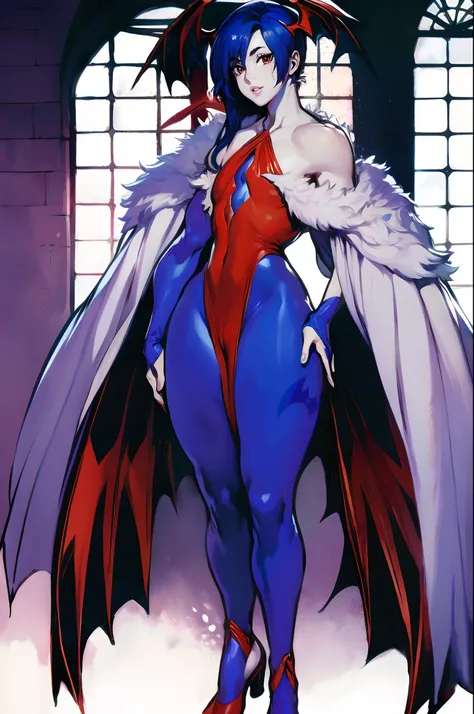 best quality,masterpiece:1.2),intricate details,beautiful detailed eyes,beautiful detailed lips,extremely detailed eyes and face,longeyelashes,darkstalkers_lilith modeseven,comic style,vibrant colors,standing,innocent, full body, standing, smile,Modeseven ...