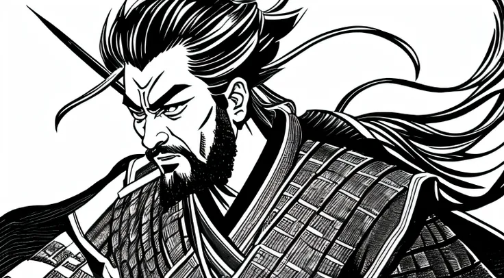 Miyamoto Musashi in a battle, manga style drawing with apparent ink lines