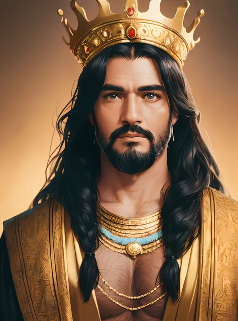 RAW photo, portrait of King Solomon, 40 year old man with a beard and long black hair, wearing the clothes of a King, (very detailed clothing), wearing a golden crown with red jewels, (very detailed crown), pale skin, slim body, (ancient temples background...