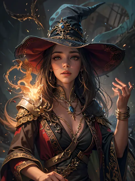 vestida com um traje de bruxa segurando uma varinha brilhante, Female mage conjuring a spell, mago feminino de fantasia sombria, retrato de feiticeira feminina, Beautiful Female Sorceress, maga feminina, maga de fogo feminina, maga de fogo personagem, vest...