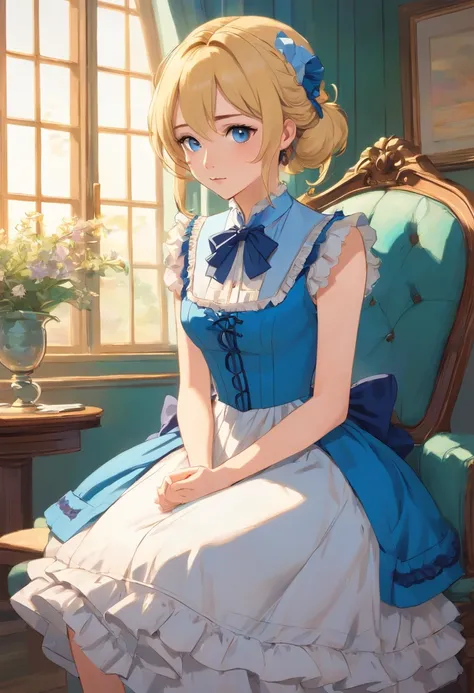 John Tenniel art, A stunningly beautiful but frustrated blonde Greer Grammer wearing an elegant formal Victorian morning dress of fine blue wool