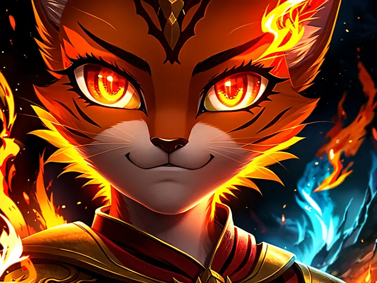 high quality digital illustration, close up portrait, perfect portrait, cinematic composition, fantasy style art, a pretty and heroic young anthropomorphic female cat, orange fur, orange hair, orange color, orange face, long eyelashes, big eyelashes, prett...