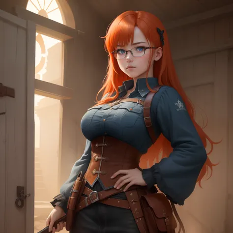 8k, masterpiece, best quality, realistic, higly detailed, cowboy shot, 1girl, solo, itsuki, serious looking girl, medium-length hair, expressive ahoge, reddish-orange hair, a pair of star-shaped hairpins near both of her eyes, dark blue eyes, average heigh...