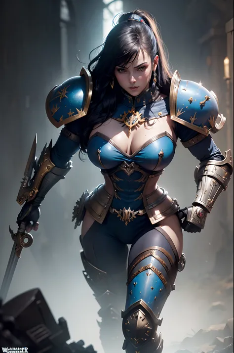 In 8K resolution(full bodyesbian:1.3)shots、splashart、Fantastic comic book style、Photorealistic and intense look、Anatomical photorealistic digital painting(shoun:1.3)Human portrait(shoun:1.3)Blue and white complex(heavily armored:1.3)and blue shortcut hair(...