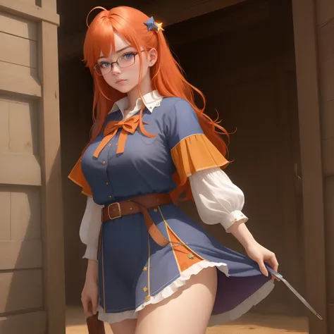 8k, masterpiece, best quality, realistic, higly detailed, cowboy shot, 1girl, solo, itsuki, serious looking girl, medium-length hair, expressive ahoge, reddish-orange hair, a pair of star-shaped hairpins near both of her eyes, dark blue eyes, average heigh...