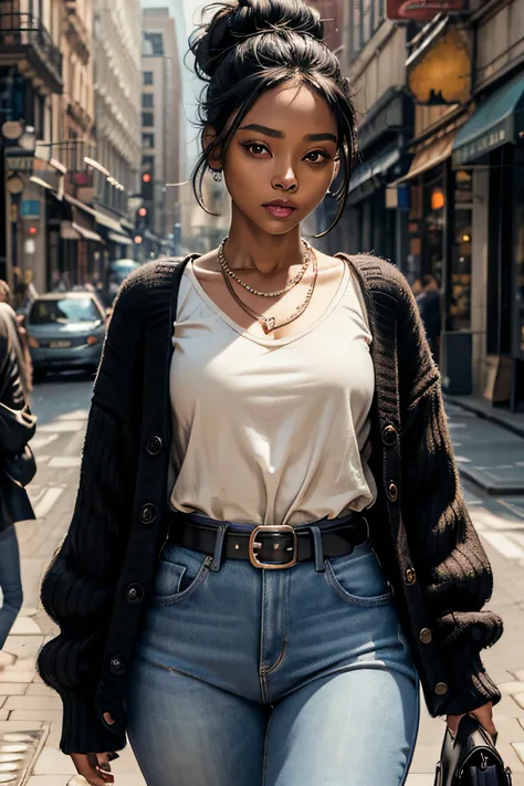 black skin woman, wide set eyes, small eyes, button nose, small chest, black cardigan, leather belt, jeans, cup B, thick lips, , 34 ages, put her hair up in a bun, pearl neckless, hollow cheeks