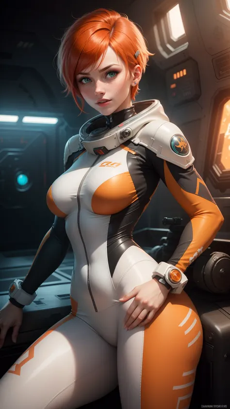 gwen tennyson,tracer,samus,rebecca chambers,overwatch,gundam,1girl,close up,mecha pilot,space port,aqua and orange plugsuit,pilot jacket,hair pin,pirate corset,white long sleeve lycra top,white leggings,short hair,war makeup,green eyes,orange hair,hair hig...