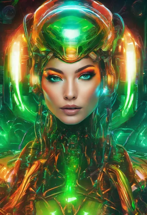 Close up photo portrait a woman with bright green paint, wearing chains, in the style of neon realism, colorful fantasy realism, dark orange and light green, colorful realism, comic art, artist ron alan elke ‘i am glowing girl , multilayered realism, uhd i...