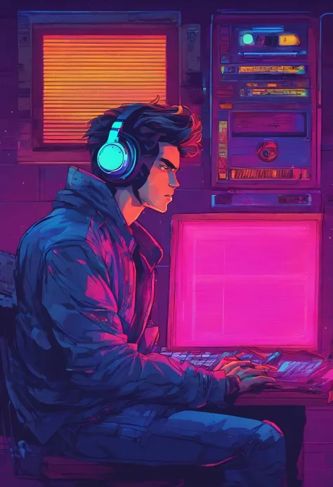 Boy listening to music in a cozy room at night, Usando fones de ouvido, Anime estilo 2D, Lo-fi, disco Rigido, Ambiente escuro, frente a um computador, livros sobre a mesa, estudando, concentrado, profundidade, 4k, papel de parede, obra prima