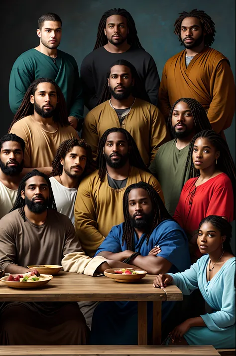 a group of 13 black people sitting at a large table and in the middle a brown man with long hair blue eyes an angels halo over his head sitting in the middle of the table , mens and woman, image similar to the painting of the great supper of jesus christ a...