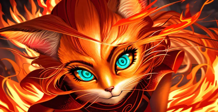 high quality digital illustration, close up portrait, perfect portrait, cinematic composition, fantasy style art, a pretty and heroic young anthropomorphic female cat, orange fur, orange hair, orange color, orange face, long eyelashes, big eyelashes, prett...