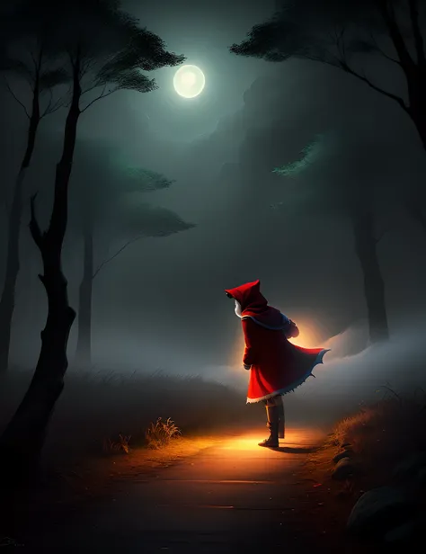 floresta densa, fog, night, dark, red ridding hood vs dark wolf,