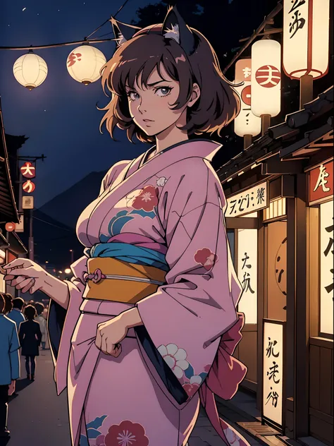 (1980s anime) ,(mature)female, tall, large breasts, cat ears, kyoto, night time, night festival, kimono, upper body