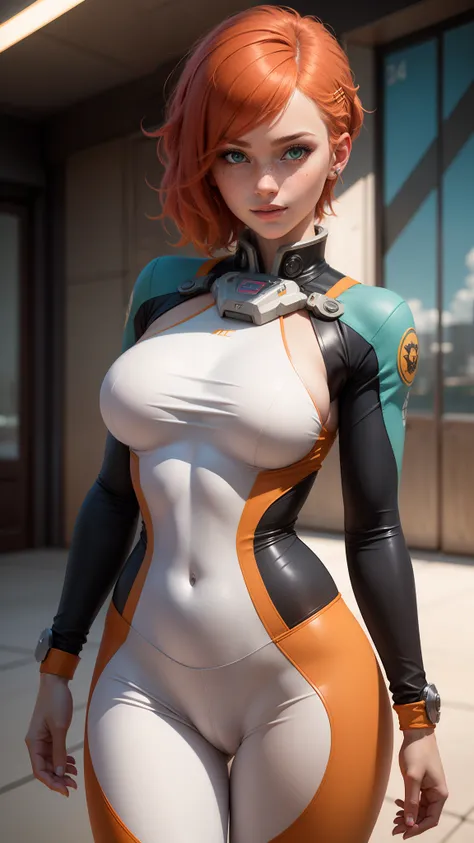 gwen tennyson,tracer,hinata,rebecca chambers,overwatch,gundam,1girl,close up,mecha pilot,space port,pink and orange plugsuit,pilot jacket,hair pin,pirate corset,blue long sleeve lycra top,white leggings,short hair,war makeup,green eyes,orange hair,hair hig...