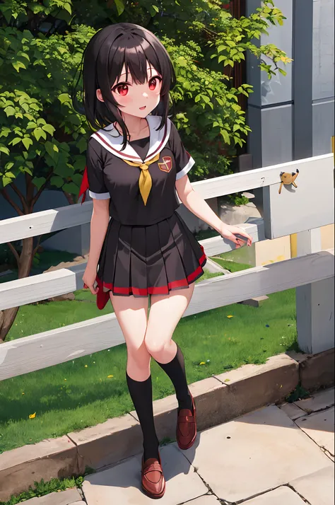 1megumin, Chitanda are, cabelos curtos, cabelos castanhos, Uniforme escolar, red eyes, camisa branca, Meias brancas, saia plissada, franja, colar de marinheiro preto, neckerchief, black skirt, mangas compridas, sorrir, Acenando, boca aberta